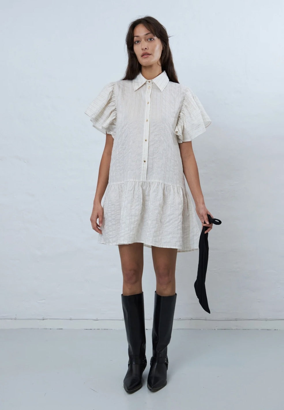 Bow Mini Dress Cream With Black Scarf-Dresses- by Stella Nova- Verse Amsterdam