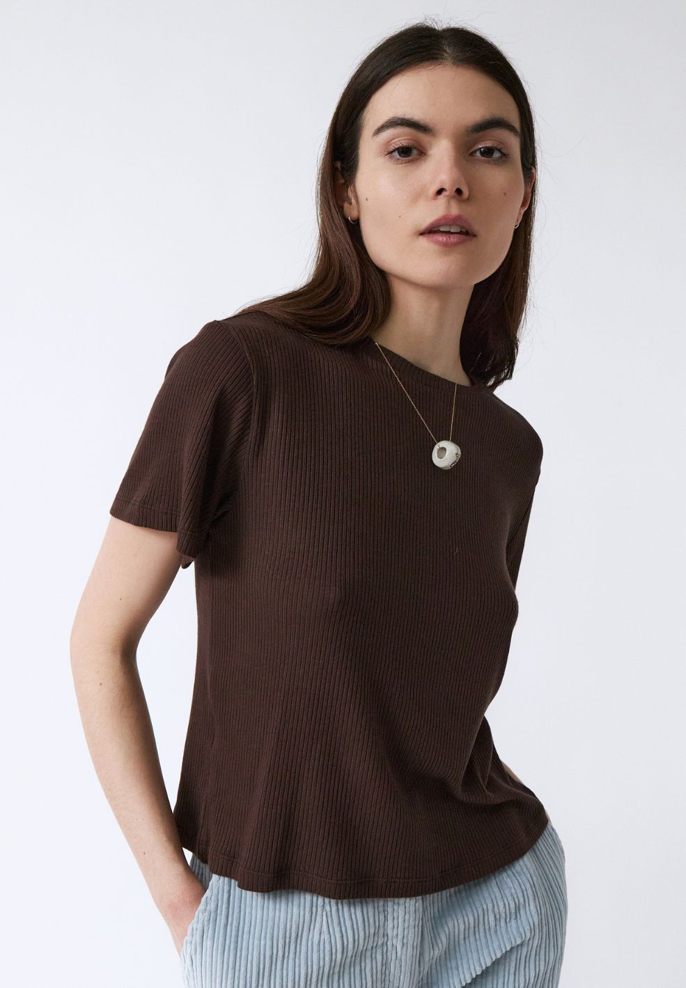 Lula Fine Rib Stretch Tee Chocolate Brown