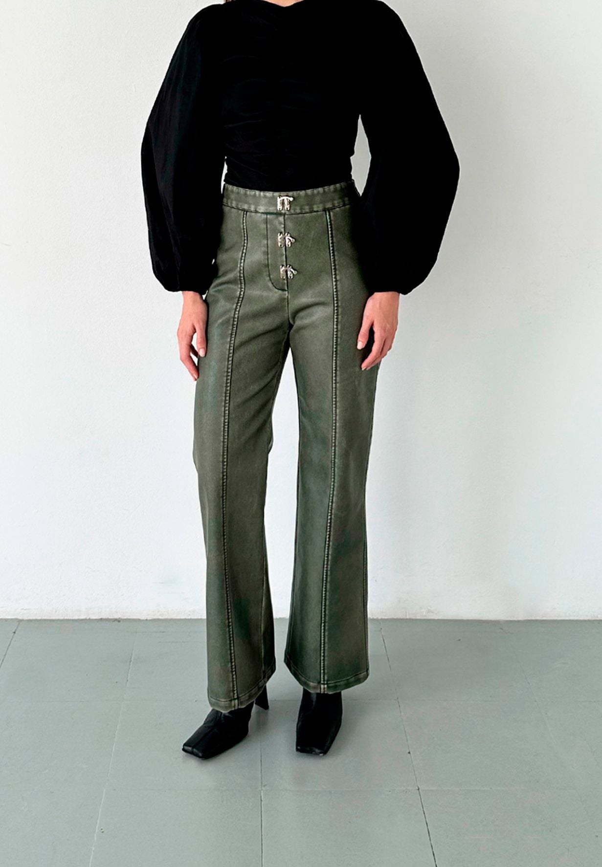 Ronnie Khaki Faux Leather Pants-Pants- by Laagam- Verse Amsterdam