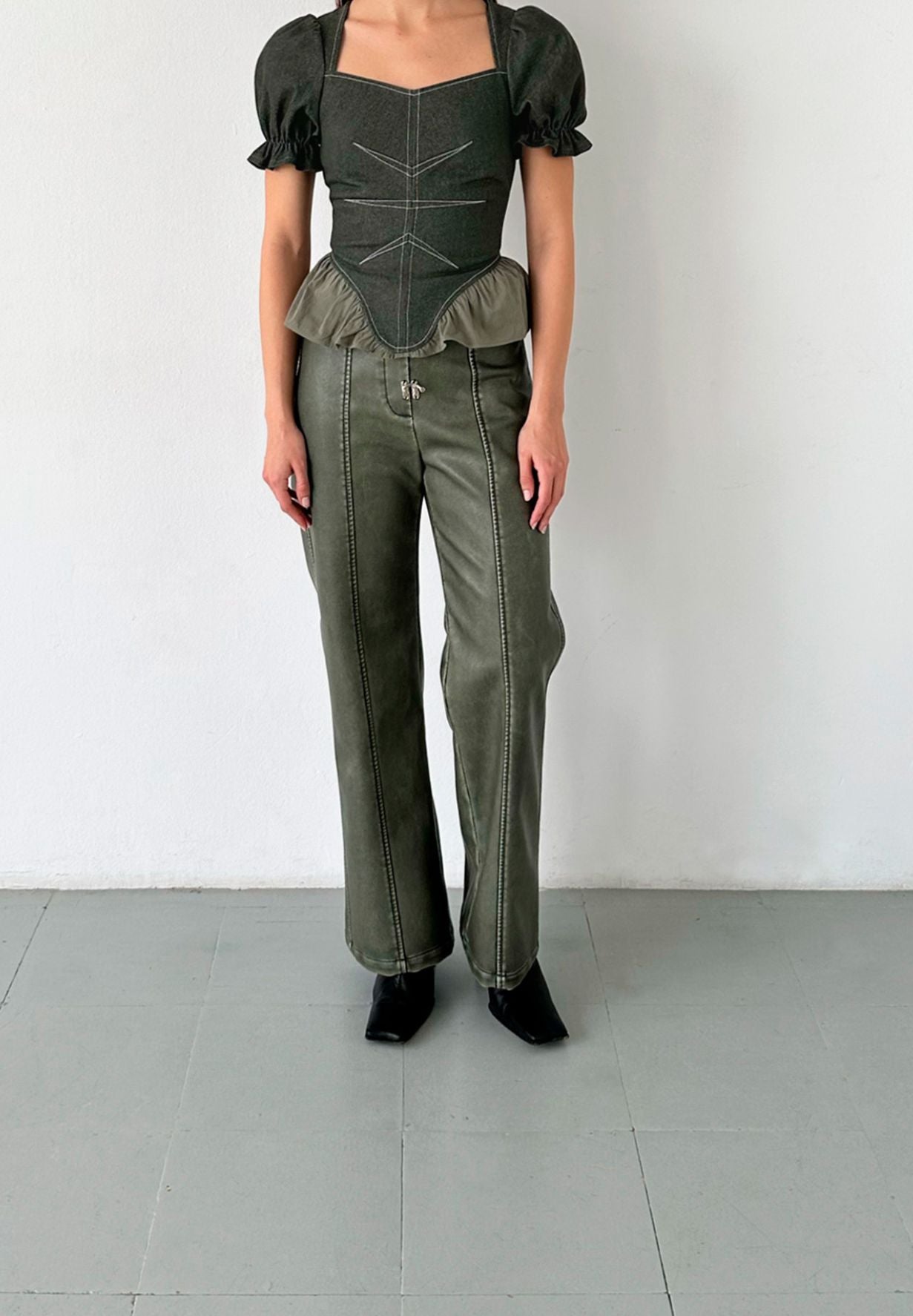 Ronnie Khaki Faux Leather Pants-Pants- by Laagam- Verse Amsterdam