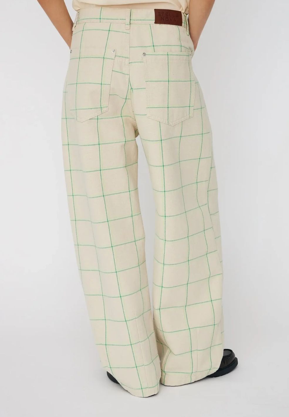 Checked Baggy Low Waist Pants Ecru & Green Check