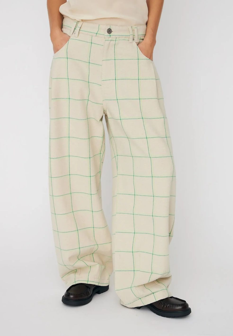 Checked Baggy Low Waist Pants Ecru & Green Check