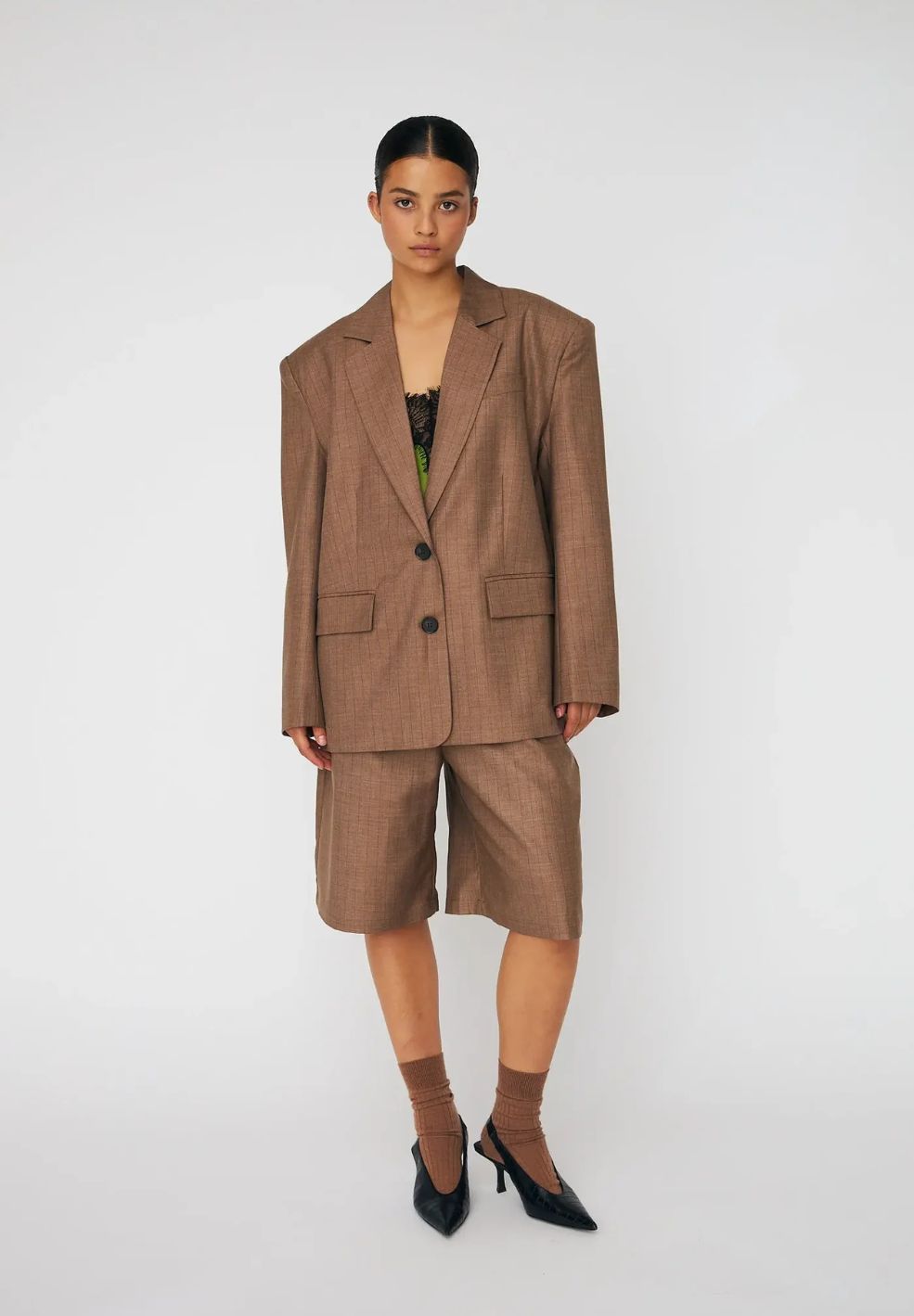 Pinstriped Oversized Blazer Light Brown