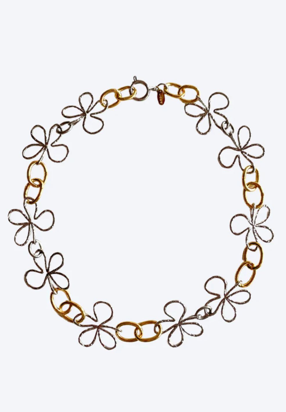 Bloomed Necklace: Mixed metal chain with alternating gold-plated links and silver-toned open flower pendants.