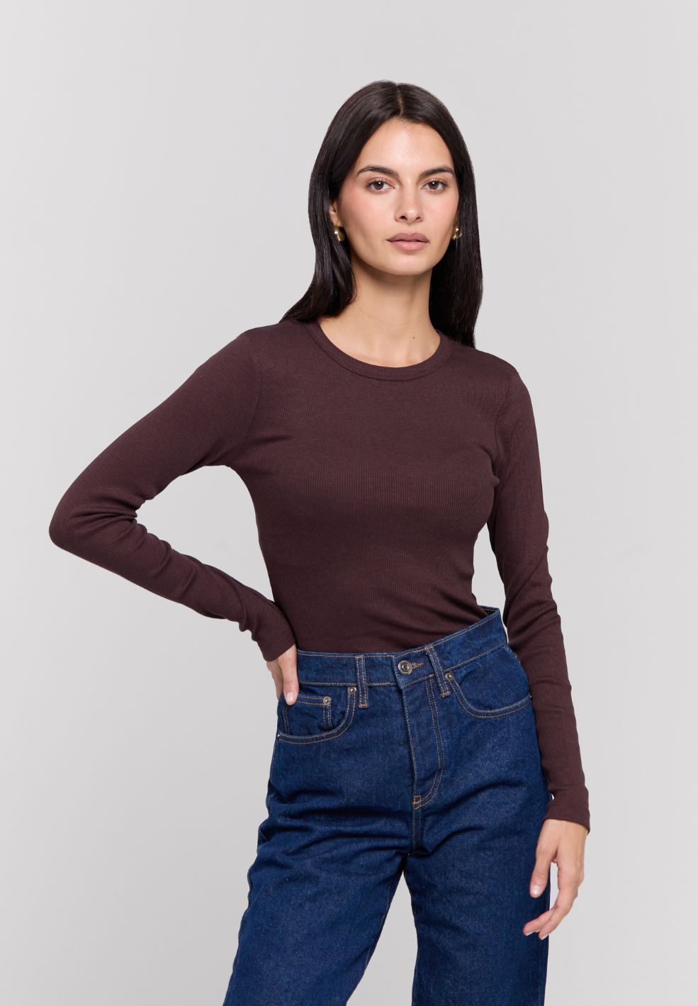 Ribbed Long Sleeve Top Brown