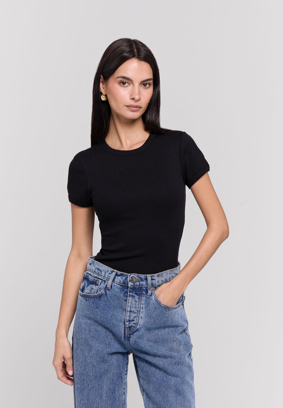 Ribbed Tee Shirt Short Sleeve Black