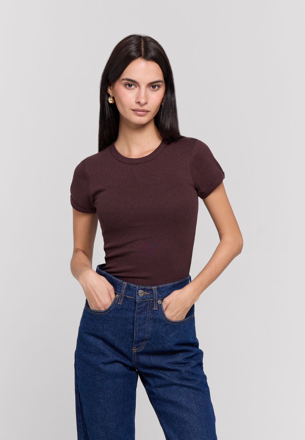 Ribbed Tee Shirt Short Sleeve Brown