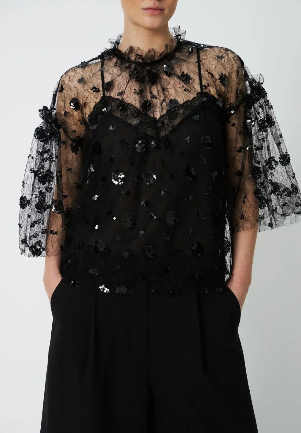 Sequins Mesh Top Black