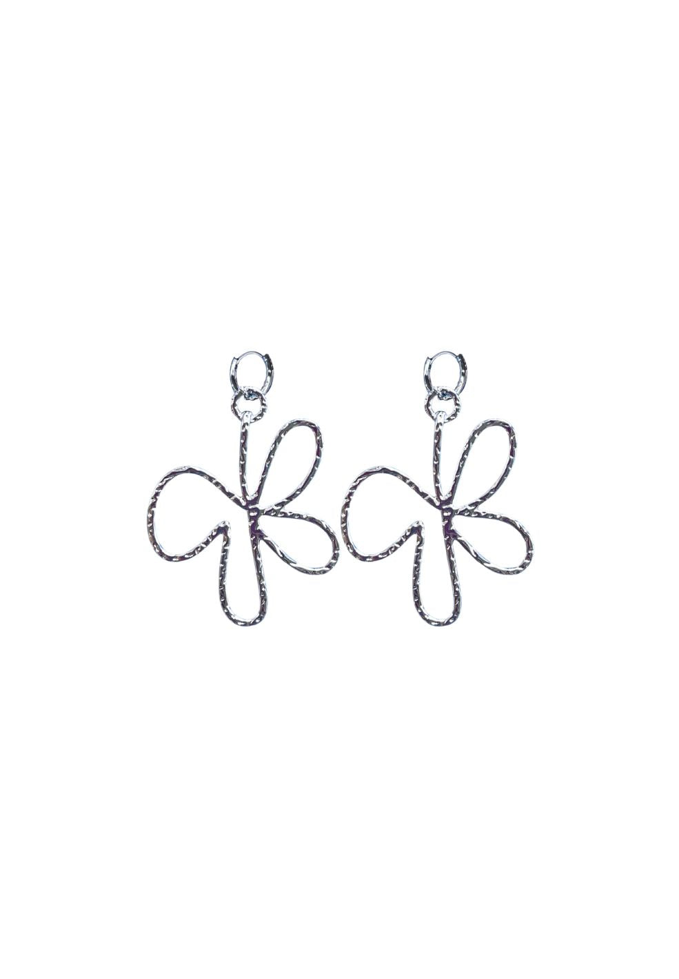 Silver Bloomed Earrings, 60mm stainless steel with abstract butterfly design and hammered finish.