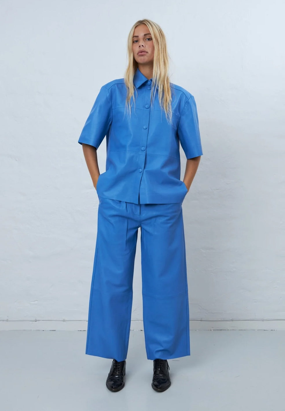 Soft Leather Shirt Blue Sea-Tops- by Stella Nova- Verse Amsterdam