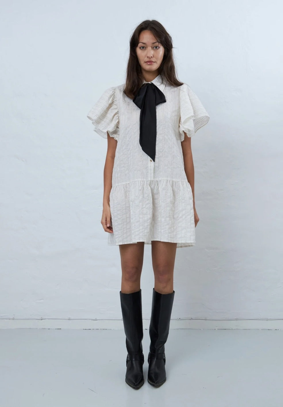 Bow Mini Dress Cream With Black Scarf-Dresses- by Stella Nova- Verse Amsterdam