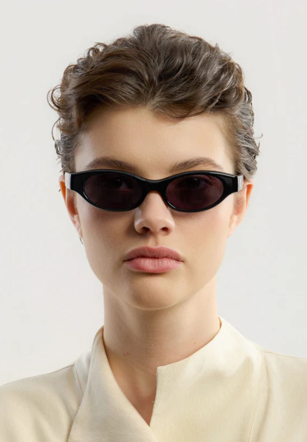 Alba Black Sunglasses by Corlin available at Verse Good Store, photo of model wearing The Alba Black