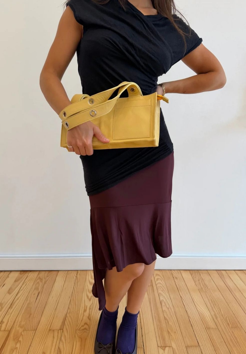 Mini Muse Shoulder Bag Butter from 100% nappa leather on model 2 | Verse Good Store