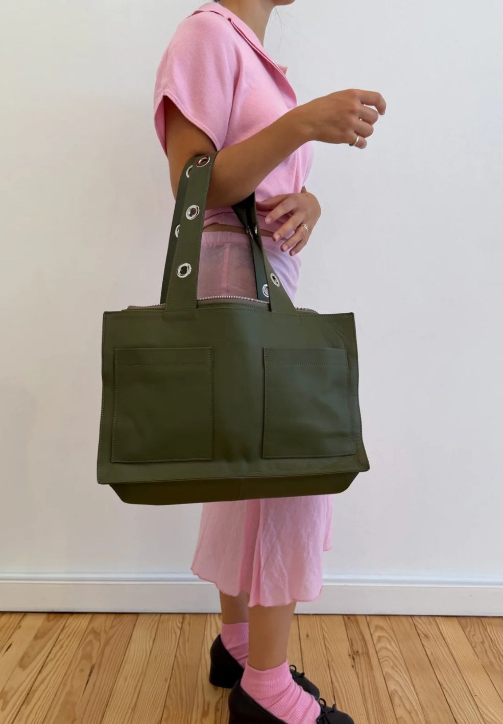 Muse Shoulder Bag Khaki from 100% nappa leather on model 2| Verse Good Store