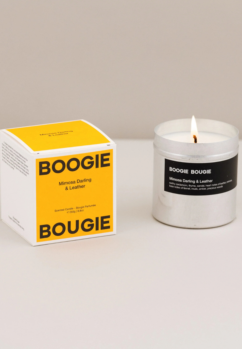 Mimosa Darling & Leather Scented Candle 250g-Candles- by Boogie Bougie- Verse Amsterdam